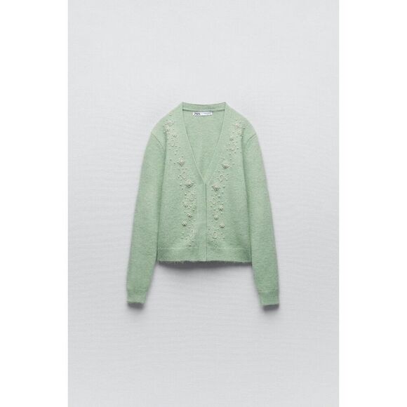 Green Zara Pearl Embellished Button Front Long Sleeve Cardigan Sweater (NWT) - Picture 5 of 8
